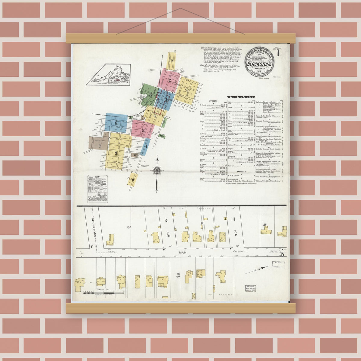 Old map wall art mockup — magnetic wood frame on brick wall — Sanborn Fire Insurance Map from Blackstone, Nottoway County, Virginia (1919) - Complete Map Set