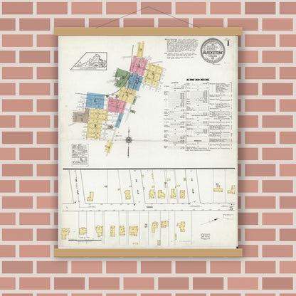 Old map wall art mockup — magnetic wood frame on brick wall — Sanborn Fire Insurance Map from Blackstone, Nottoway County, Virginia (1919) - Complete Map Set