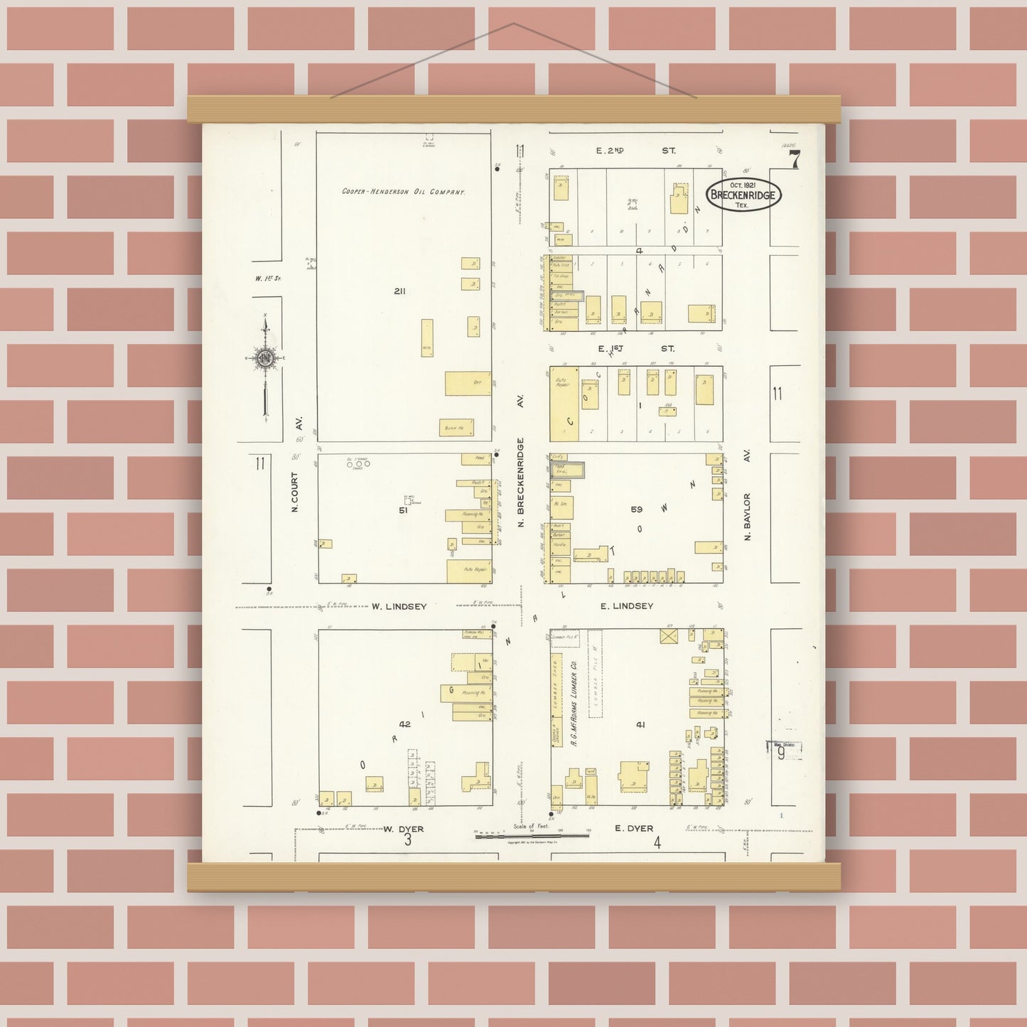 Old map wall art mockup — magnetic wood frame on brick wall — Sanborn Fire Insurance Map from Breckenridge, Stephens County, Texas (1921), Sheet #0007