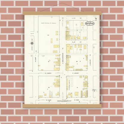 Old map wall art mockup — magnetic wood frame on brick wall — Sanborn Fire Insurance Map from Breckenridge, Stephens County, Texas (1921), Sheet #0007