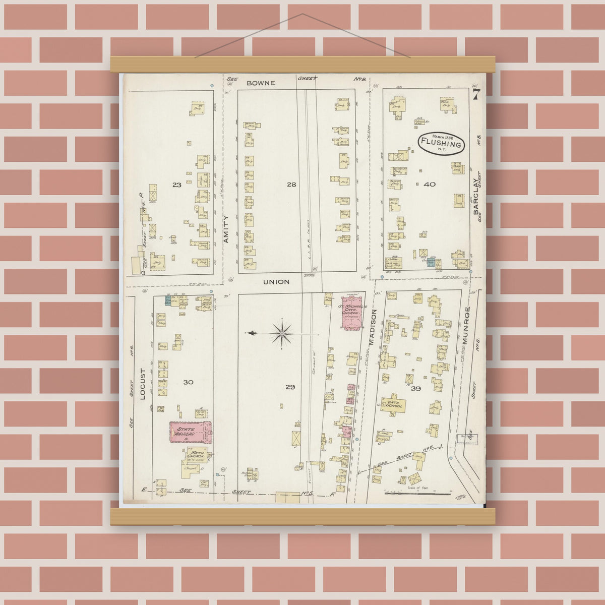 Old map wall art mockup — magnetic wood frame on brick wall — Sanborn Fire Insurance Map from Flushing, Queens County, New York (1886), Sheet #0007