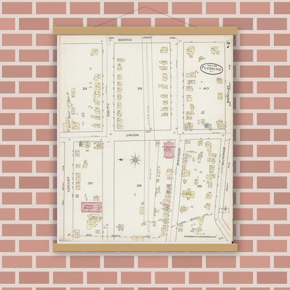 Old map wall art mockup — magnetic wood frame on brick wall — Sanborn Fire Insurance Map from Flushing, Queens County, New York (1886), Sheet #0007