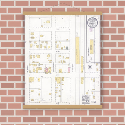Old map wall art mockup — magnetic wood frame on brick wall — Sanborn Fire Insurance Map from Maxwell, Colusa County, California (1907), Sheet #0001