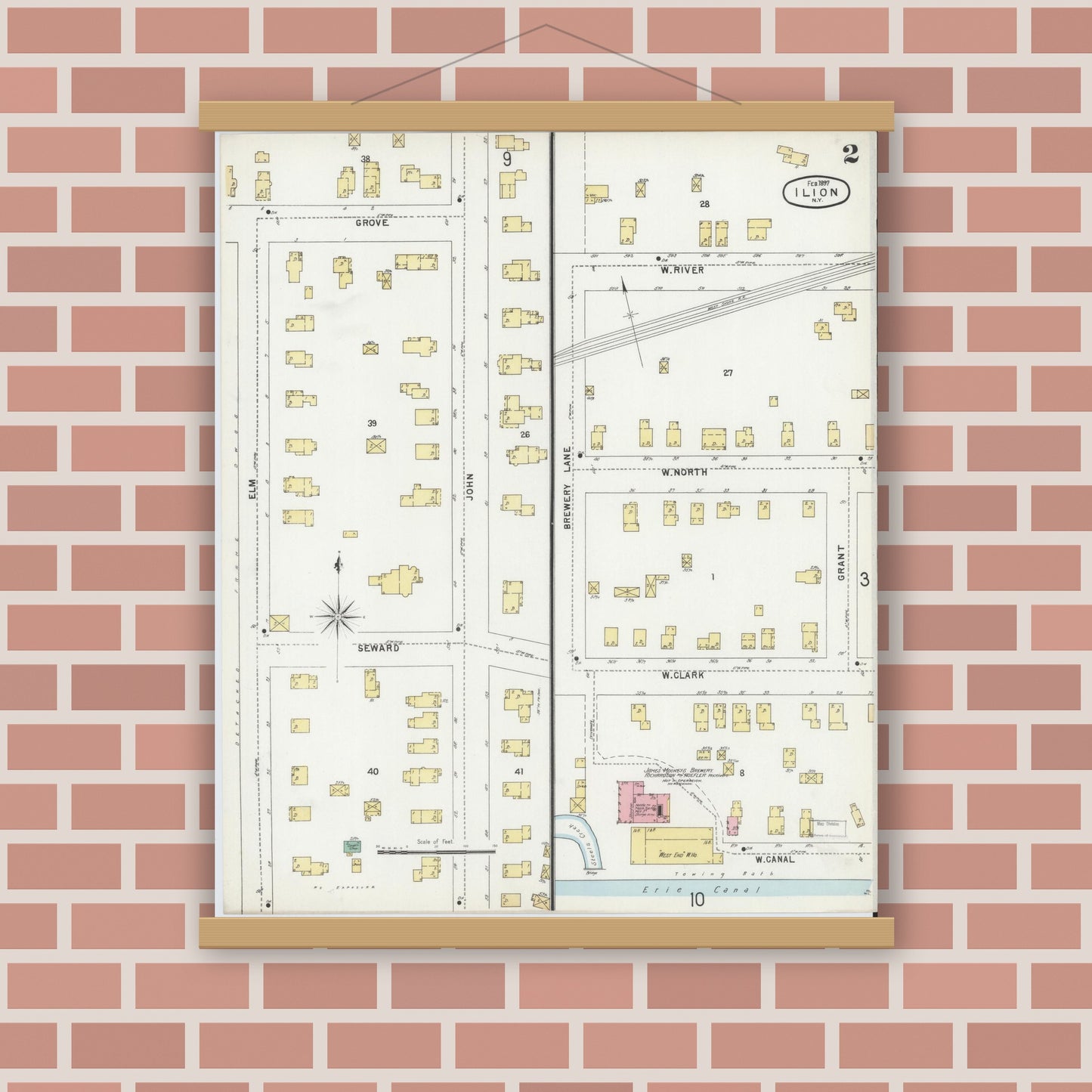Old map wall art mockup — magnetic wood frame on brick wall — Sanborn Fire Insurance Map from Ilion, Herkimer County, New York (1897), Sheet #0002