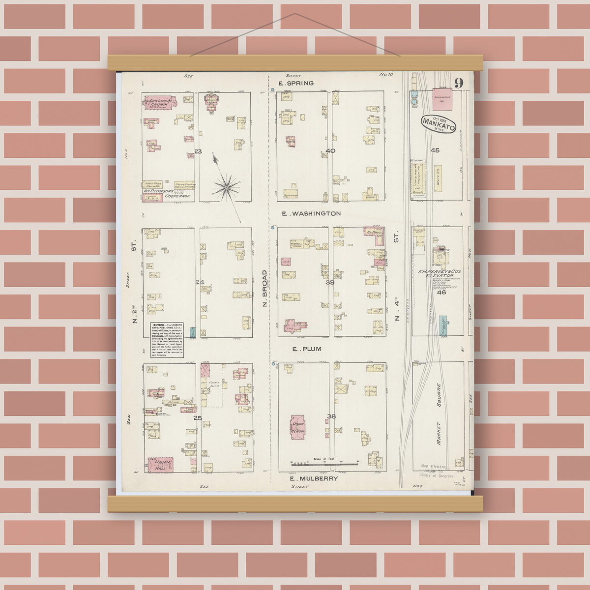 Old map wall art mockup — magnetic wood frame on brick wall — Sanborn Fire Insurance Map from Mankato, Blue Earth County, Minnesota (1884), Sheet #0009