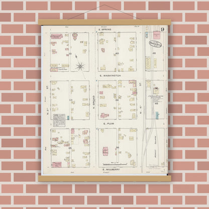 Old map wall art mockup — magnetic wood frame on brick wall — Sanborn Fire Insurance Map from Mankato, Blue Earth County, Minnesota (1884), Sheet #0009