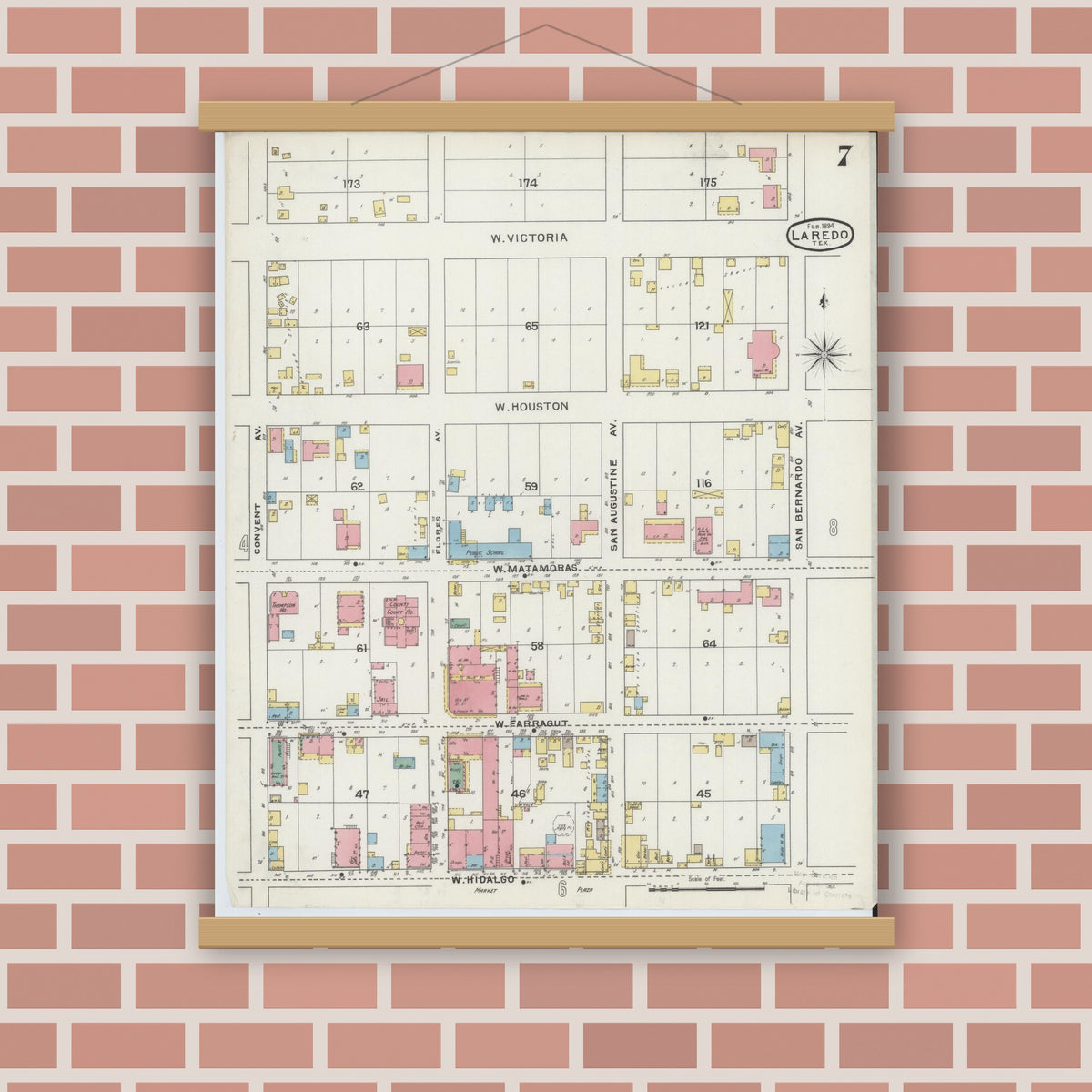 Old map wall art mockup — magnetic wood frame on brick wall — Sanborn Fire Insurance Map from Laredo, Webb County, Texas (1894), Sheet #0007