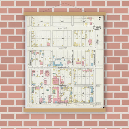 Old map wall art mockup — magnetic wood frame on brick wall — Sanborn Fire Insurance Map from Laredo, Webb County, Texas (1894), Sheet #0007
