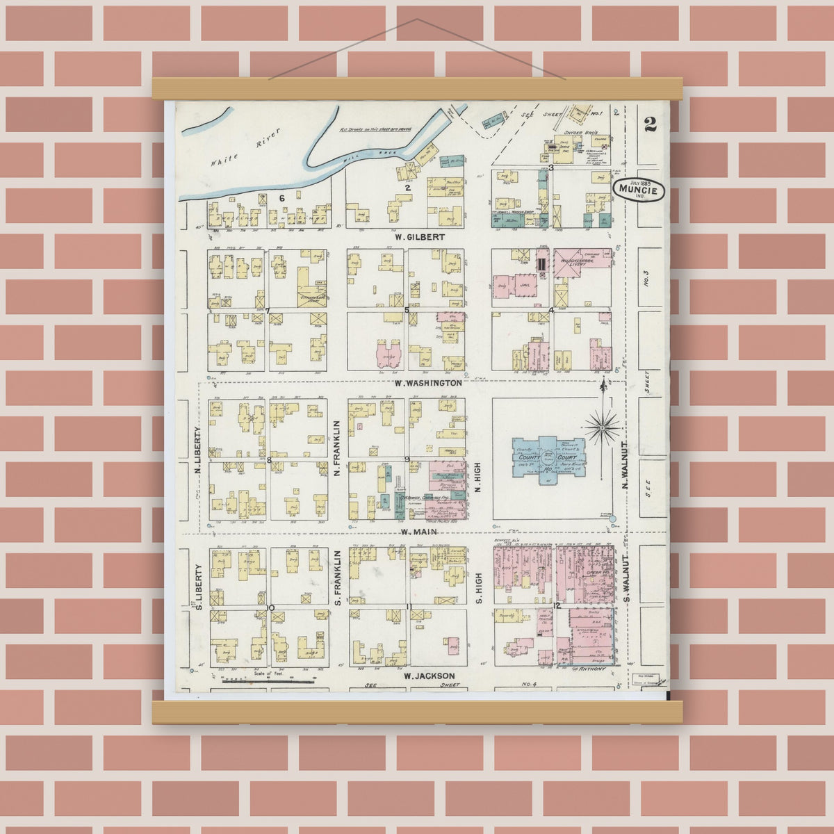 Old map wall art mockup — magnetic wood frame on brick wall — Sanborn Fire Insurance Map from Muncie, Delaware County, Indiana (1889), Sheet #0002