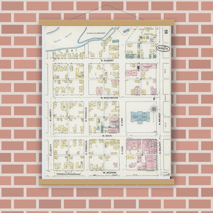 Old map wall art mockup — magnetic wood frame on brick wall — Sanborn Fire Insurance Map from Muncie, Delaware County, Indiana (1889), Sheet #0002