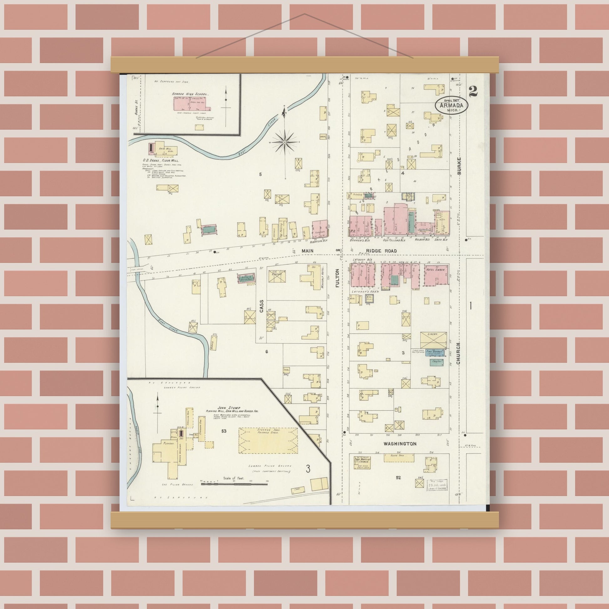 Old map wall art mockup — magnetic wood frame on brick wall — Sanborn Fire Insurance Map from Armada, Macomb County, Michigan (1907), Sheet #0002