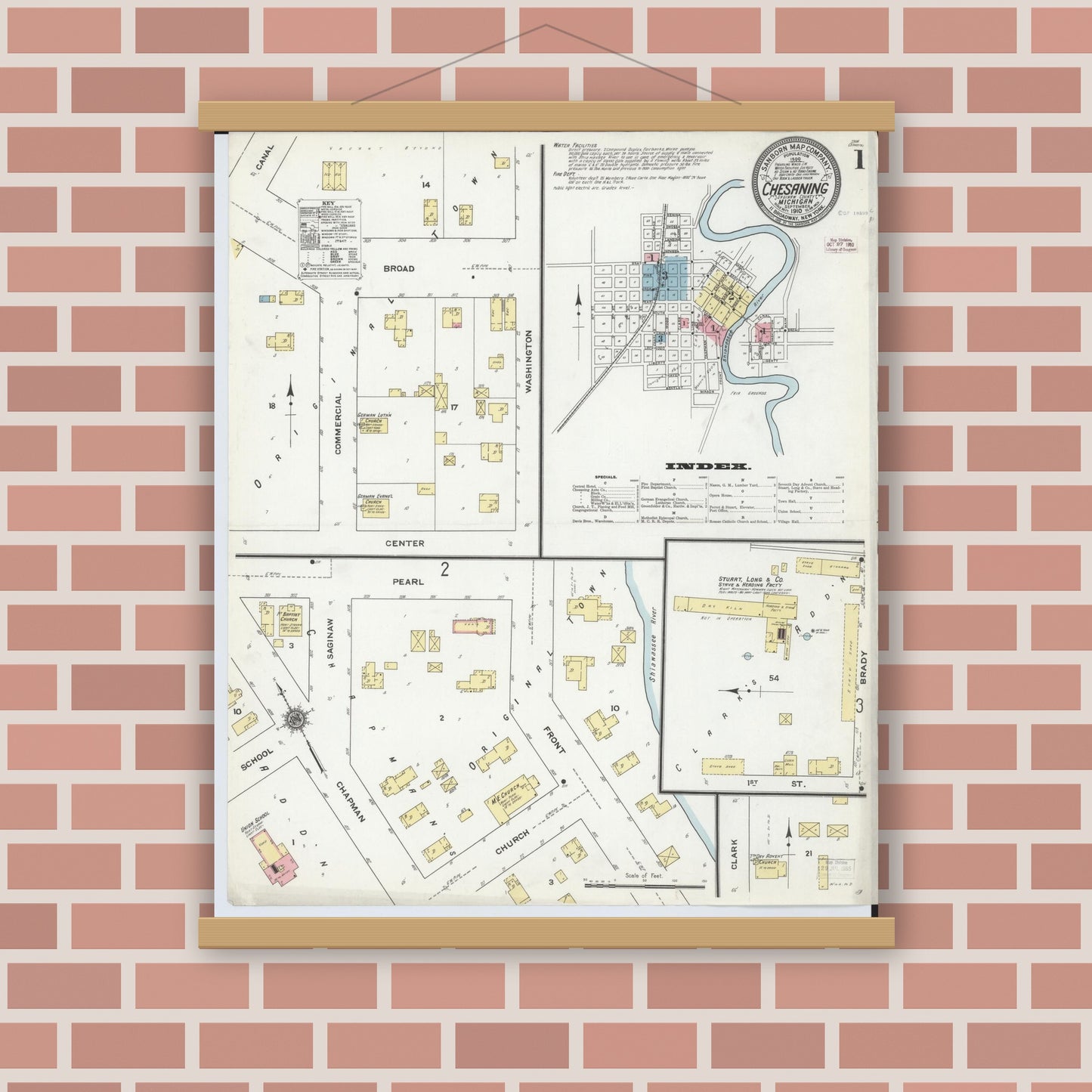 Old map wall art mockup — magnetic wood frame on brick wall — Sanborn Fire Insurance Map from Chesaning, Saginaw County, Michigan (1910) - Complete Map Set