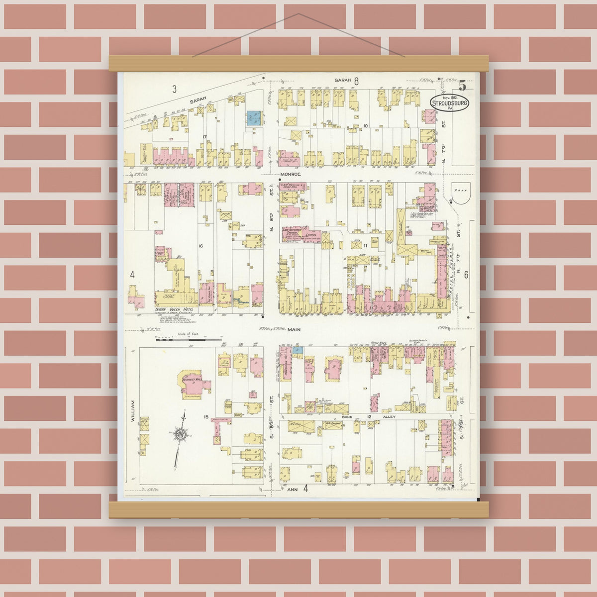 Old map wall art mockup — magnetic wood frame on brick wall — Sanborn Fire Insurance Map from Stroudsburg, Monroe County, Pennsylvania (1912), Sheet #0005