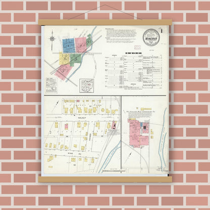 Old map wall art mockup — magnetic wood frame on brick wall — Sanborn Fire Insurance Map from Minerva, Stark And Carroll Counties, Ohio (1915) - Complete Map Set