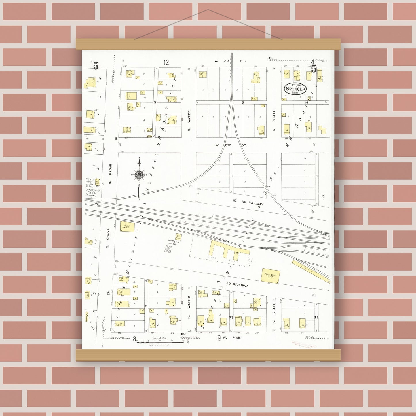 Old map wall art mockup — magnetic wood frame on brick wall — Sanborn Fire Insurance Map from Spencer, Clay County, Iowa (1924), Sheet #0005