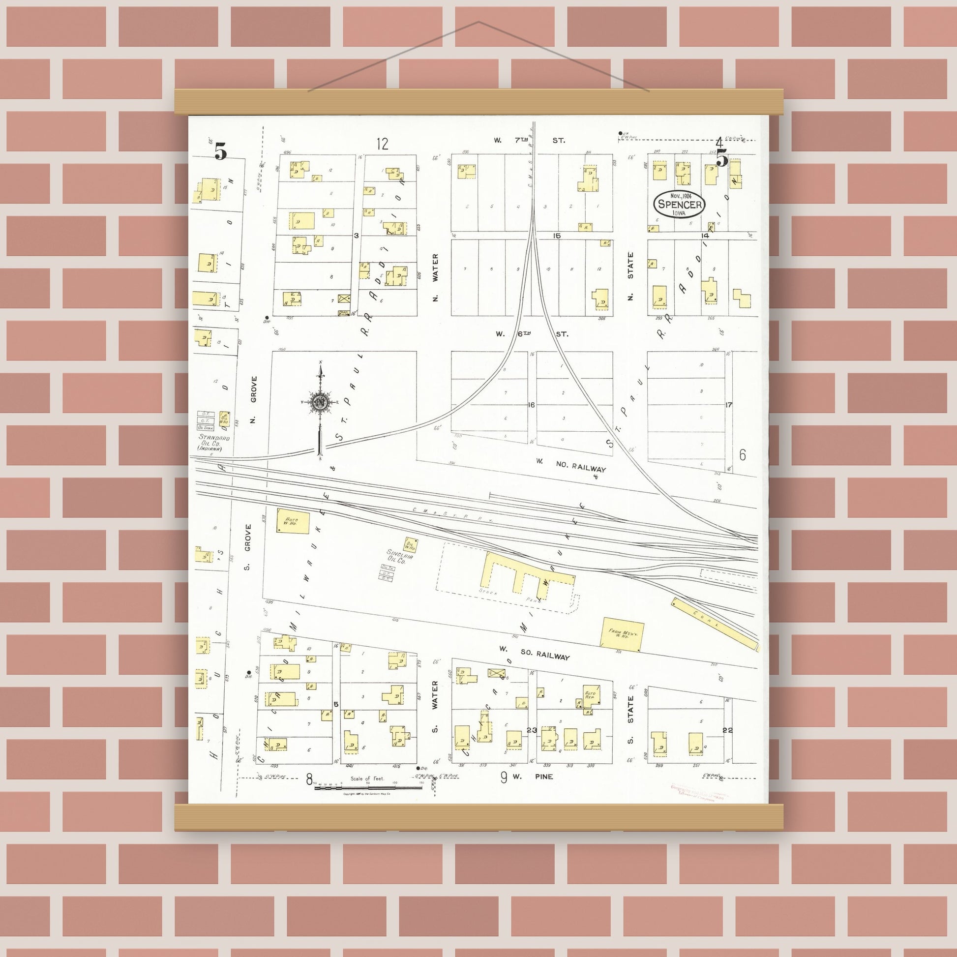 Old map wall art mockup — magnetic wood frame on brick wall — Sanborn Fire Insurance Map from Spencer, Clay County, Iowa (1924), Sheet #0005