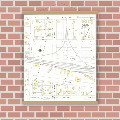 Old map wall art mockup — magnetic wood frame on brick wall — Sanborn Fire Insurance Map from Spencer, Clay County, Iowa (1924), Sheet #0005