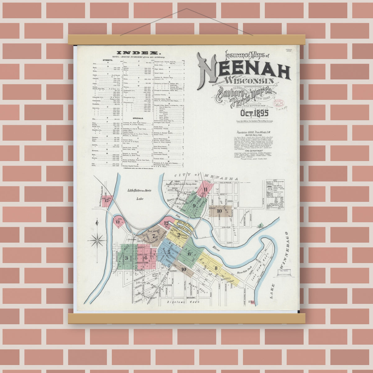 Old map wall art mockup — magnetic wood frame on brick wall — Sanborn Fire Insurance Map from Neenah, Winnebago County, Wisconsin (1895) - Complete Map Set