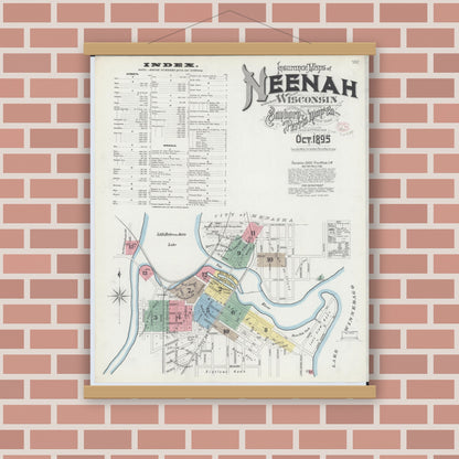Old map wall art mockup — magnetic wood frame on brick wall — Sanborn Fire Insurance Map from Neenah, Winnebago County, Wisconsin (1895) - Complete Map Set