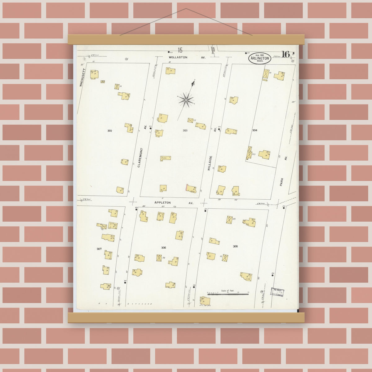 Old map wall art mockup — magnetic wood frame on brick wall — Sanborn Fire Insurance Map from Arlington, Middlesex County, Massachusetts (1908), Sheet #0016