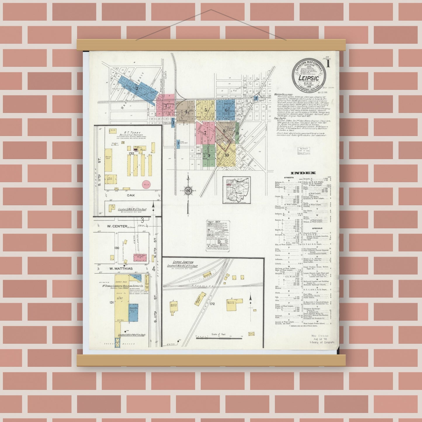 Old map wall art mockup — magnetic wood frame on brick wall — Sanborn Fire Insurance Map from Leipsic, Putnam County, Ohio (1916) - Complete Map Set