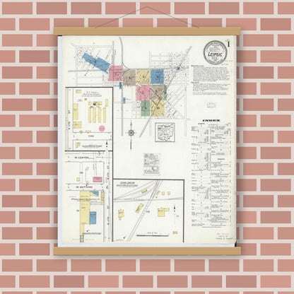 Old map wall art mockup — magnetic wood frame on brick wall — Sanborn Fire Insurance Map from Leipsic, Putnam County, Ohio (1916) - Complete Map Set
