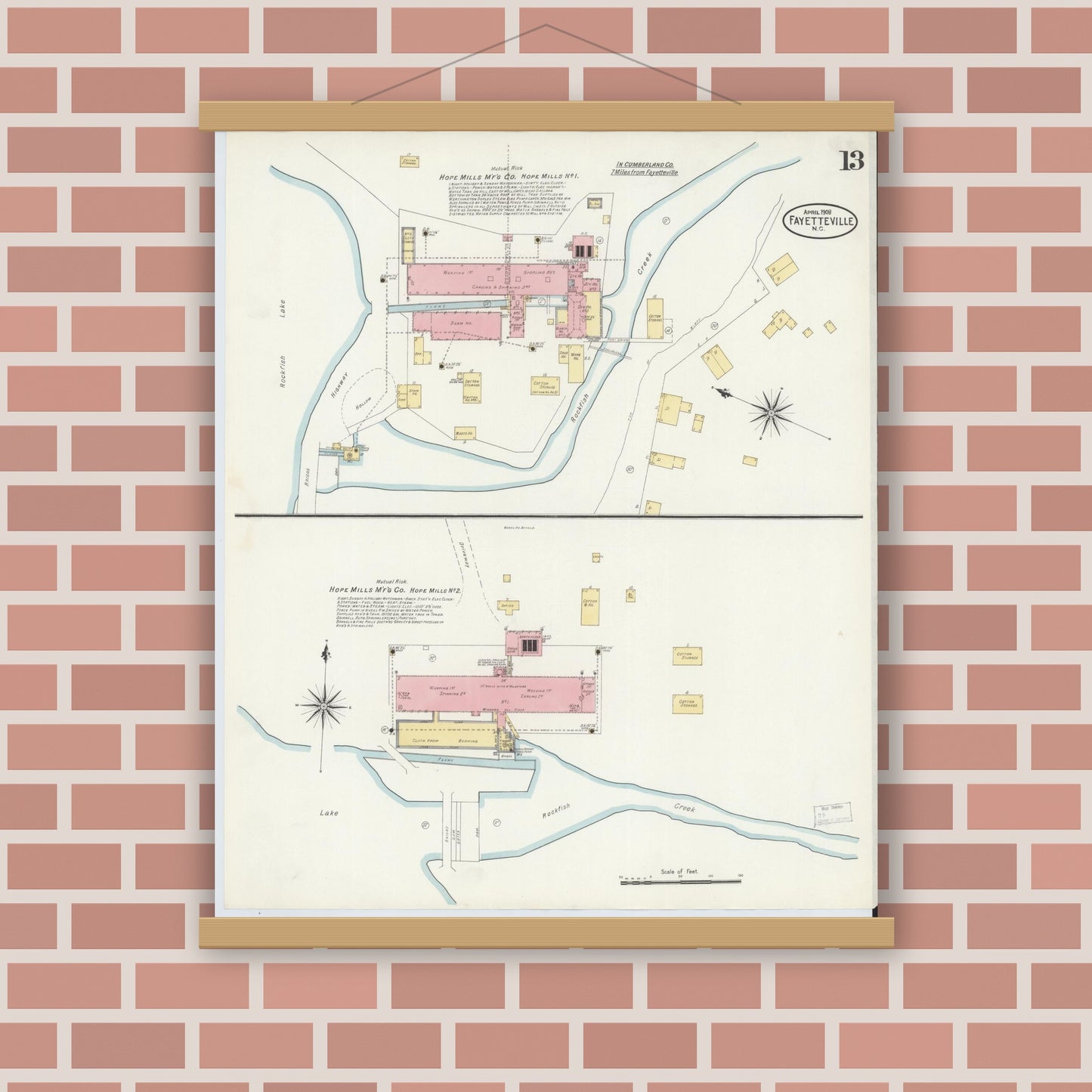 Old map wall art mockup — magnetic wood frame on brick wall — Sanborn Fire Insurance Map from Fayetteville, Cumberland County, North Carolina (1908), Sheet #0013