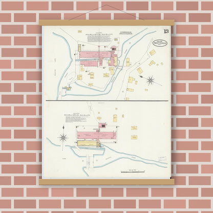 Old map wall art mockup — magnetic wood frame on brick wall — Sanborn Fire Insurance Map from Fayetteville, Cumberland County, North Carolina (1908), Sheet #0013