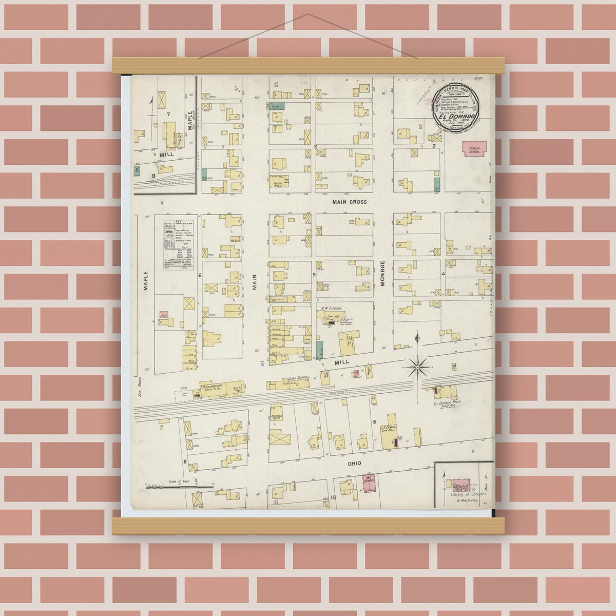 Old map wall art mockup — magnetic wood frame on brick wall — Sanborn Fire Insurance Map from El Dorado, Preble County, Ohio (1885), Sheet #0001