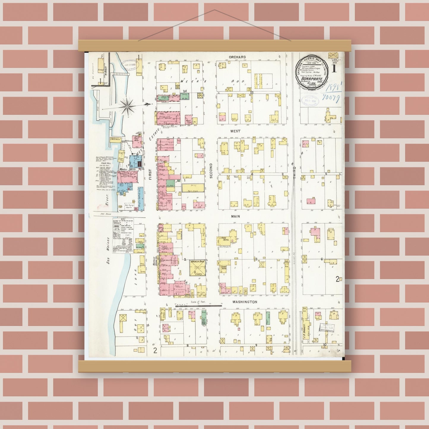Old map wall art mockup — magnetic wood frame on brick wall — Sanborn Fire Insurance Map from Bonaparte, Van Buren County, Iowa (1898) â€” Complete Set
