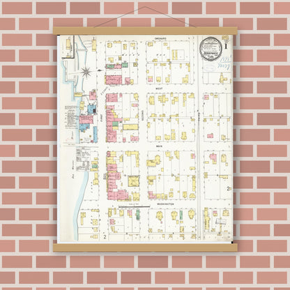 Old map wall art mockup — magnetic wood frame on brick wall — Sanborn Fire Insurance Map from Bonaparte, Van Buren County, Iowa (1898) â€” Complete Set