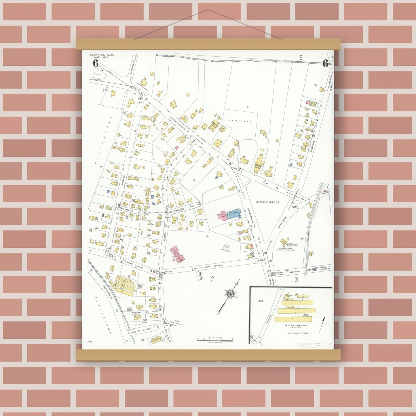 Old map wall art mockup — magnetic wood frame on brick wall — Sanborn Fire Insurance Map from Lexington, Middlesex County, Massachusetts (1935), Sheet #0006