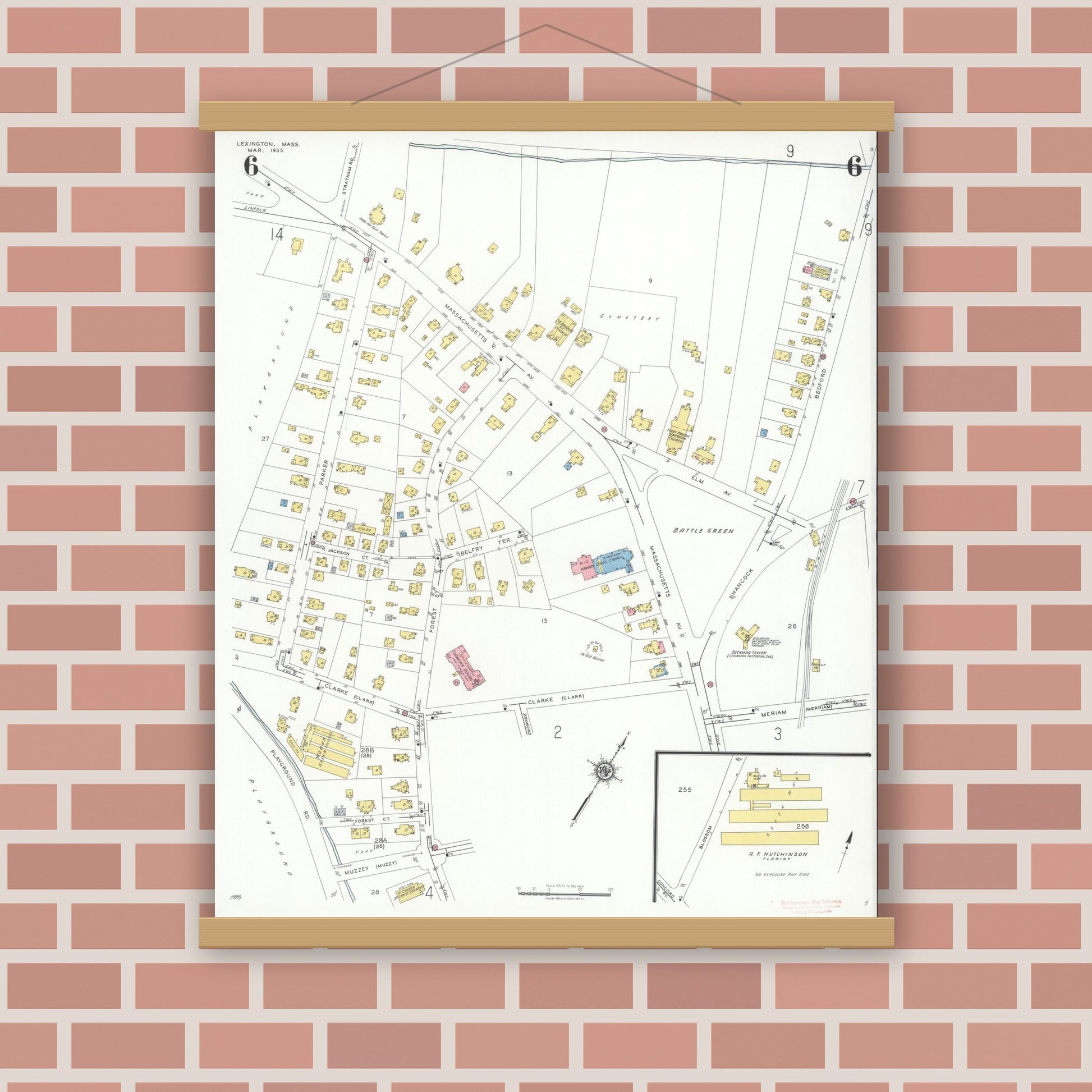 Old map wall art mockup — magnetic wood frame on brick wall — Sanborn Fire Insurance Map from Lexington, Middlesex County, Massachusetts (1935), Sheet #0006