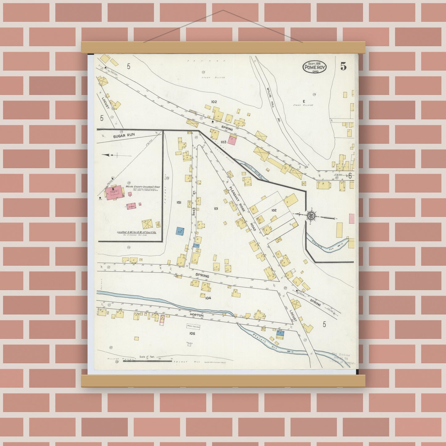 Old map wall art mockup — magnetic wood frame on brick wall — Sanborn Fire Insurance Map from Pomeroy, Meigs County, Ohio (1916), Sheet #0005