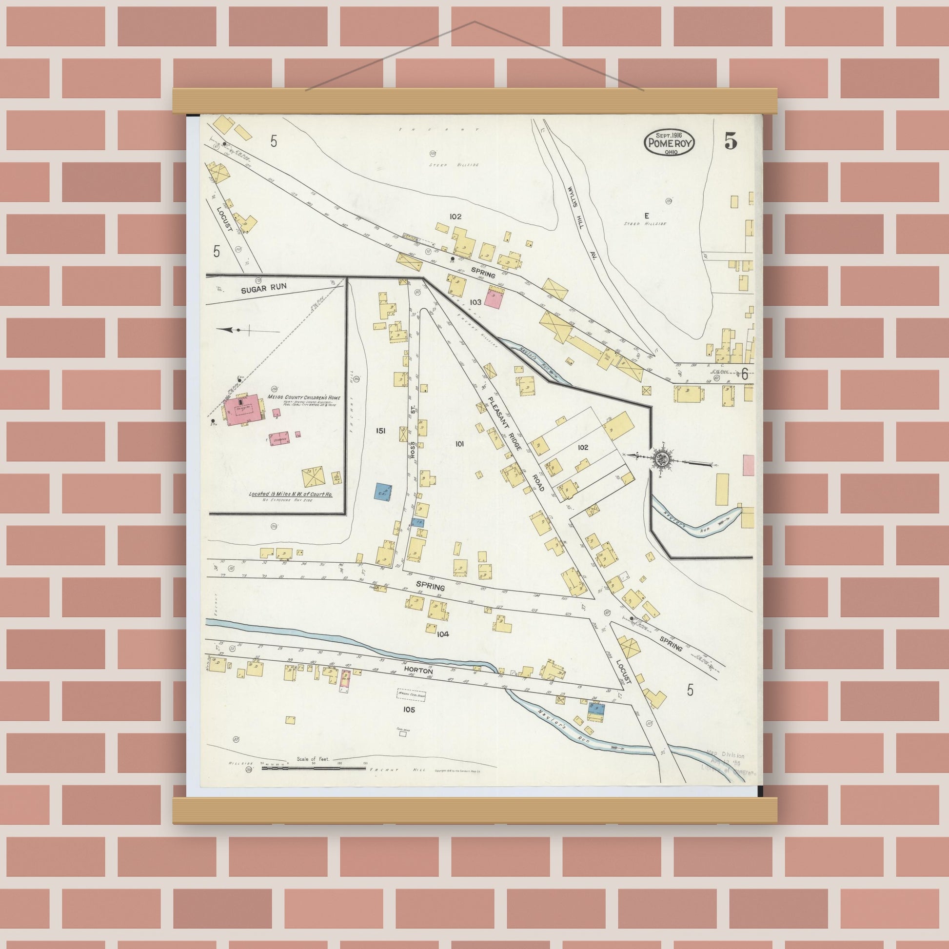 Old map wall art mockup — magnetic wood frame on brick wall — Sanborn Fire Insurance Map from Pomeroy, Meigs County, Ohio (1916), Sheet #0005