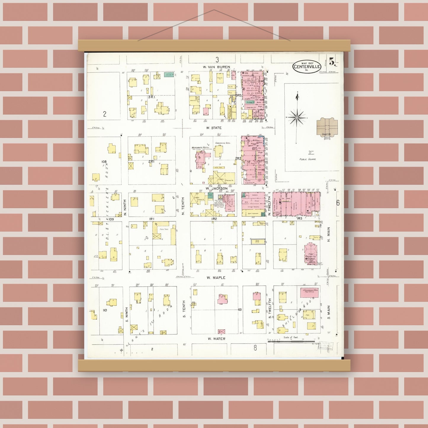 Old map wall art mockup — magnetic wood frame on brick wall — Sanborn Fire Insurance Map from Centerville, Appanoose County, Iowa (1907), Sheet #0005