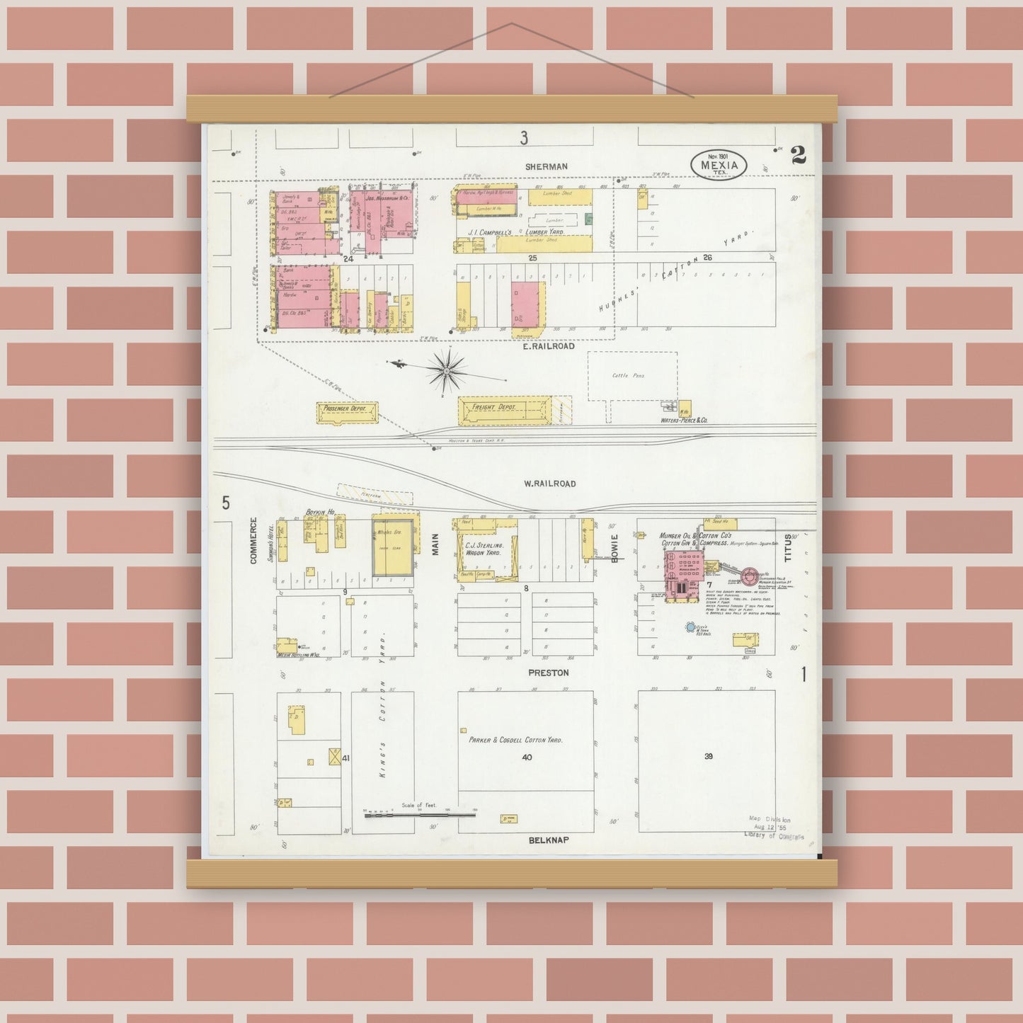 Old map wall art mockup — magnetic wood frame on brick wall — Sanborn Fire Insurance Map from Mexia, Limestone County, Texas (1901), Sheet #0002