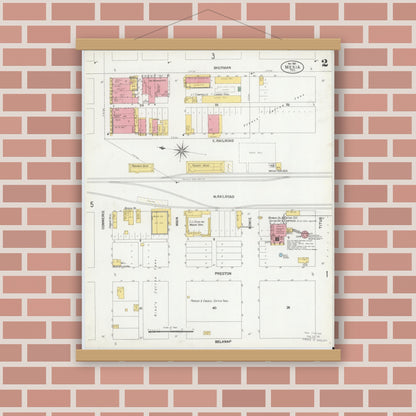 Old map wall art mockup — magnetic wood frame on brick wall — Sanborn Fire Insurance Map from Mexia, Limestone County, Texas (1901), Sheet #0002
