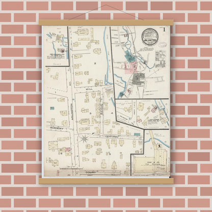Old map wall art mockup — magnetic wood frame on brick wall — Sanborn Fire Insurance Map from Arlington, Middlesex County, Massachusetts (1885) - Complete Map Set