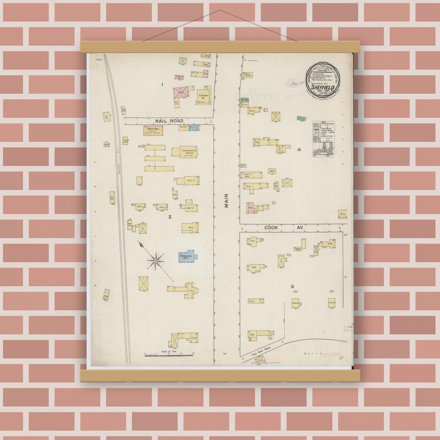 Old map wall art mockup — magnetic wood frame on brick wall — Sanborn Fire Insurance Map from Sheffield, Berkshire County, Massachusetts (1887), Sheet #0001