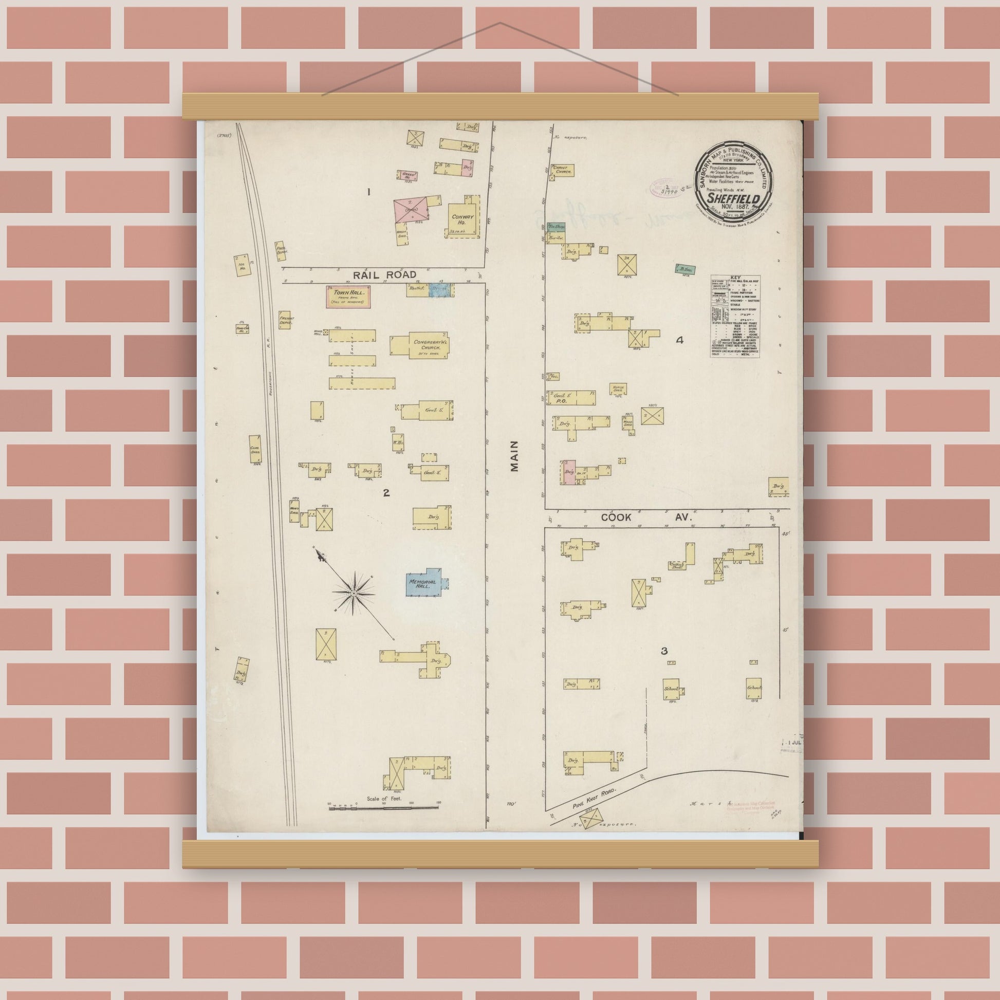 Old map wall art mockup — magnetic wood frame on brick wall — Sanborn Fire Insurance Map from Sheffield, Berkshire County, Massachusetts (1887), Sheet #0001