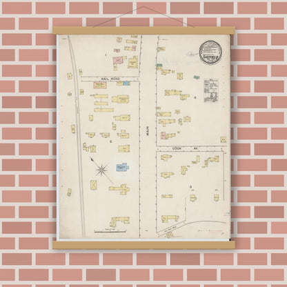 Old map wall art mockup — magnetic wood frame on brick wall — Sanborn Fire Insurance Map from Sheffield, Berkshire County, Massachusetts (1887), Sheet #0001