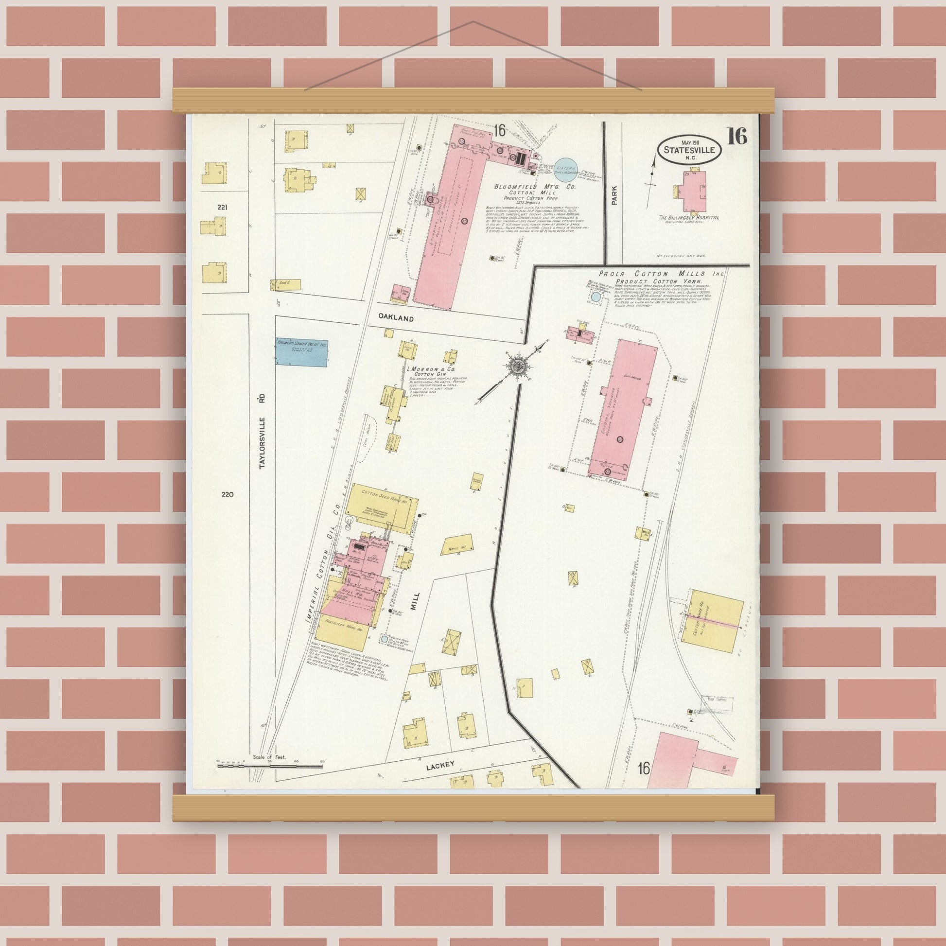 Old map wall art mockup — magnetic wood frame on brick wall — Sanborn Fire Insurance Map from Statesville, Iredell County, North Carolina (1911), Sheet #0016