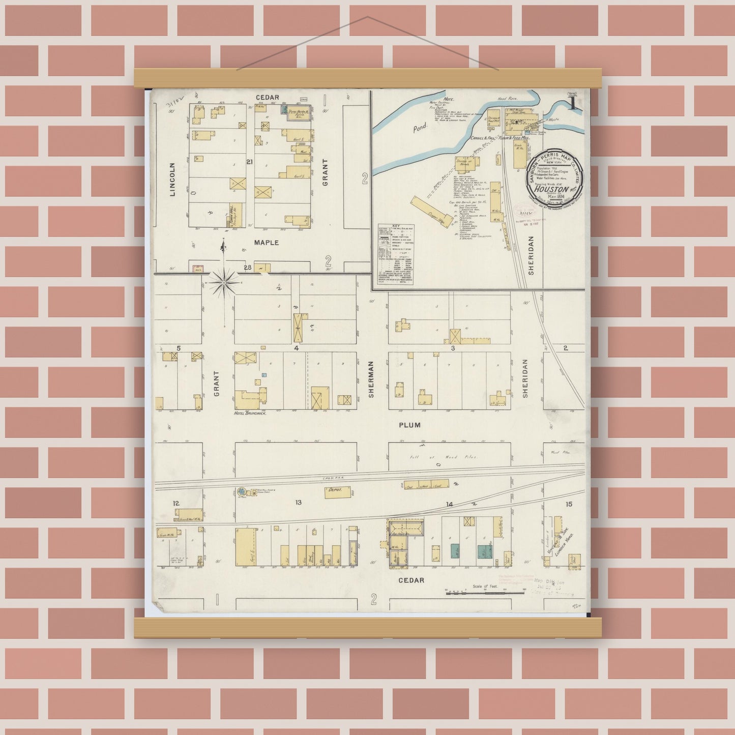 Old map wall art mockup — magnetic wood frame on brick wall — Sanborn Fire Insurance Map from Houston, Houston County, Minnesota (1894), Sheet #0001