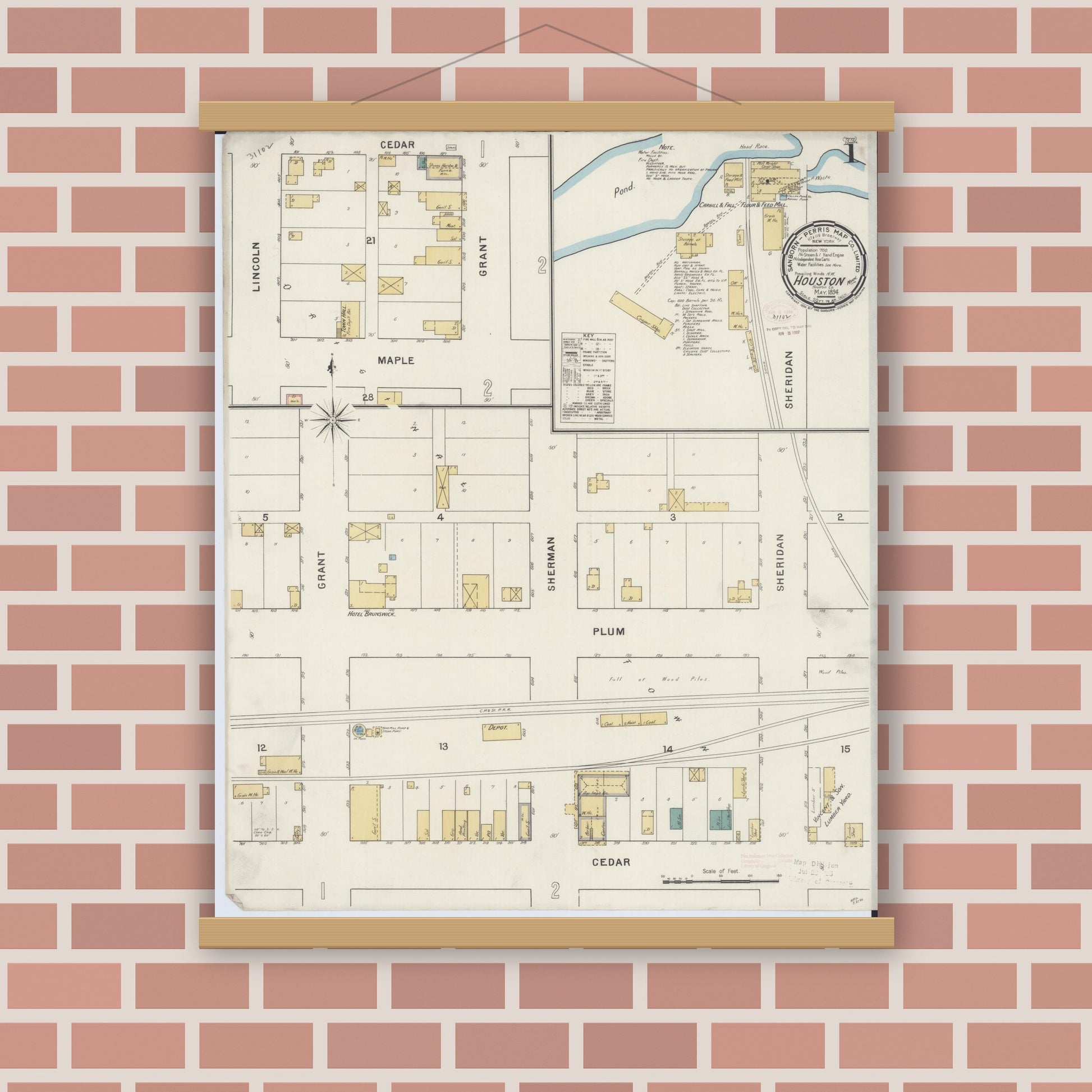Old map wall art mockup — magnetic wood frame on brick wall — Sanborn Fire Insurance Map from Houston, Houston County, Minnesota (1894), Sheet #0001