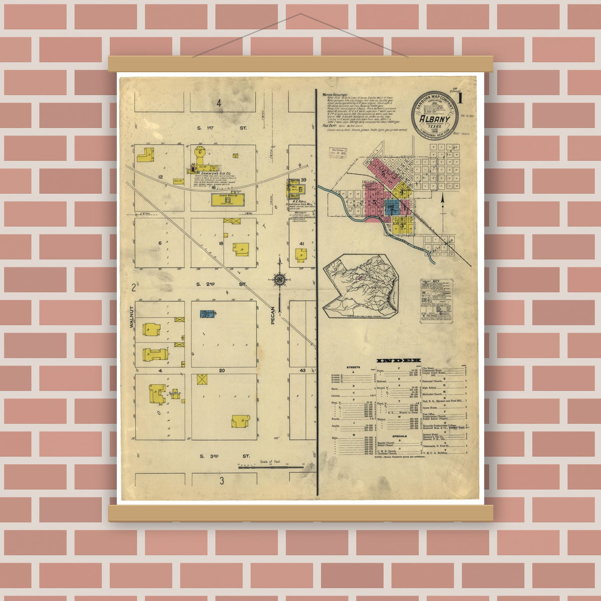 Old map wall art mockup — magnetic wood frame on brick wall — Sanborn Fire Insurance Map from Albany, Shackelford County, Texas (1915), Sheet #0001