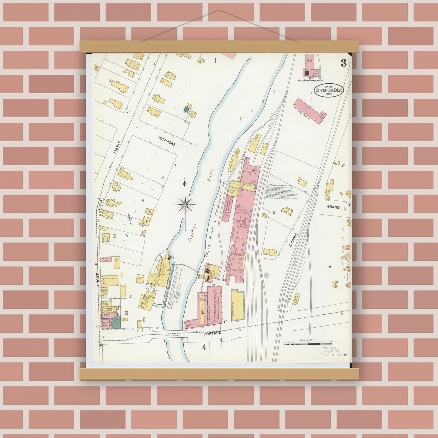 Old map wall art mockup — magnetic wood frame on brick wall — Sanborn Fire Insurance Map from Cuyahoga Falls, Summit County, Ohio (1901), Sheet #0003