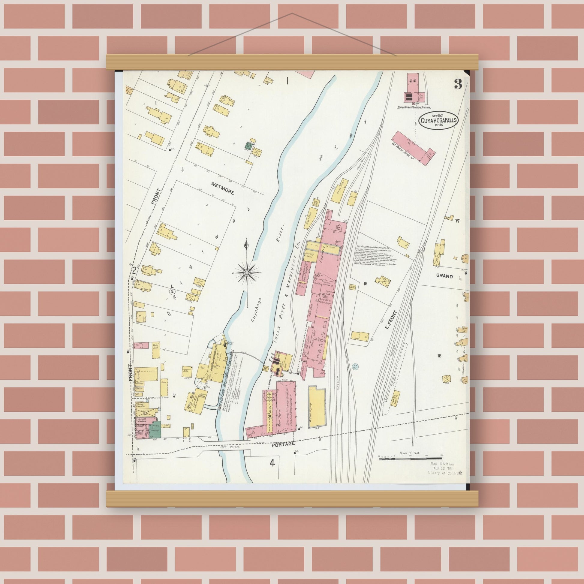 Old map wall art mockup — magnetic wood frame on brick wall — Sanborn Fire Insurance Map from Cuyahoga Falls, Summit County, Ohio (1901), Sheet #0003