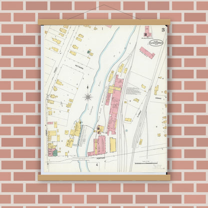 Old map wall art mockup — magnetic wood frame on brick wall — Sanborn Fire Insurance Map from Cuyahoga Falls, Summit County, Ohio (1901), Sheet #0003