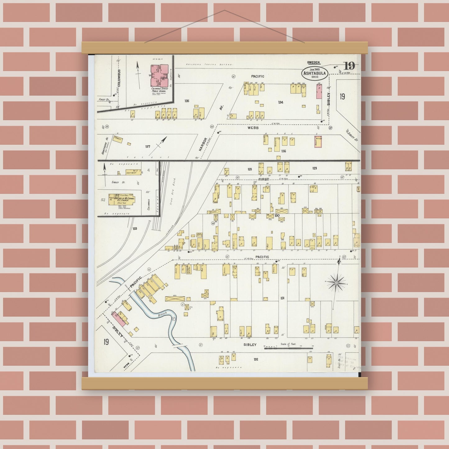 Old map wall art mockup — magnetic wood frame on brick wall — Sanborn Fire Insurance Map from Ashtabula, Ashtabula County, Ohio (1903), Sheet #0019